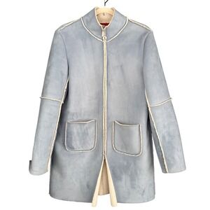 Anne Klein Womens Faux Suede Sherpa Lined Full Zip Coat Blue Small RN 50610‎